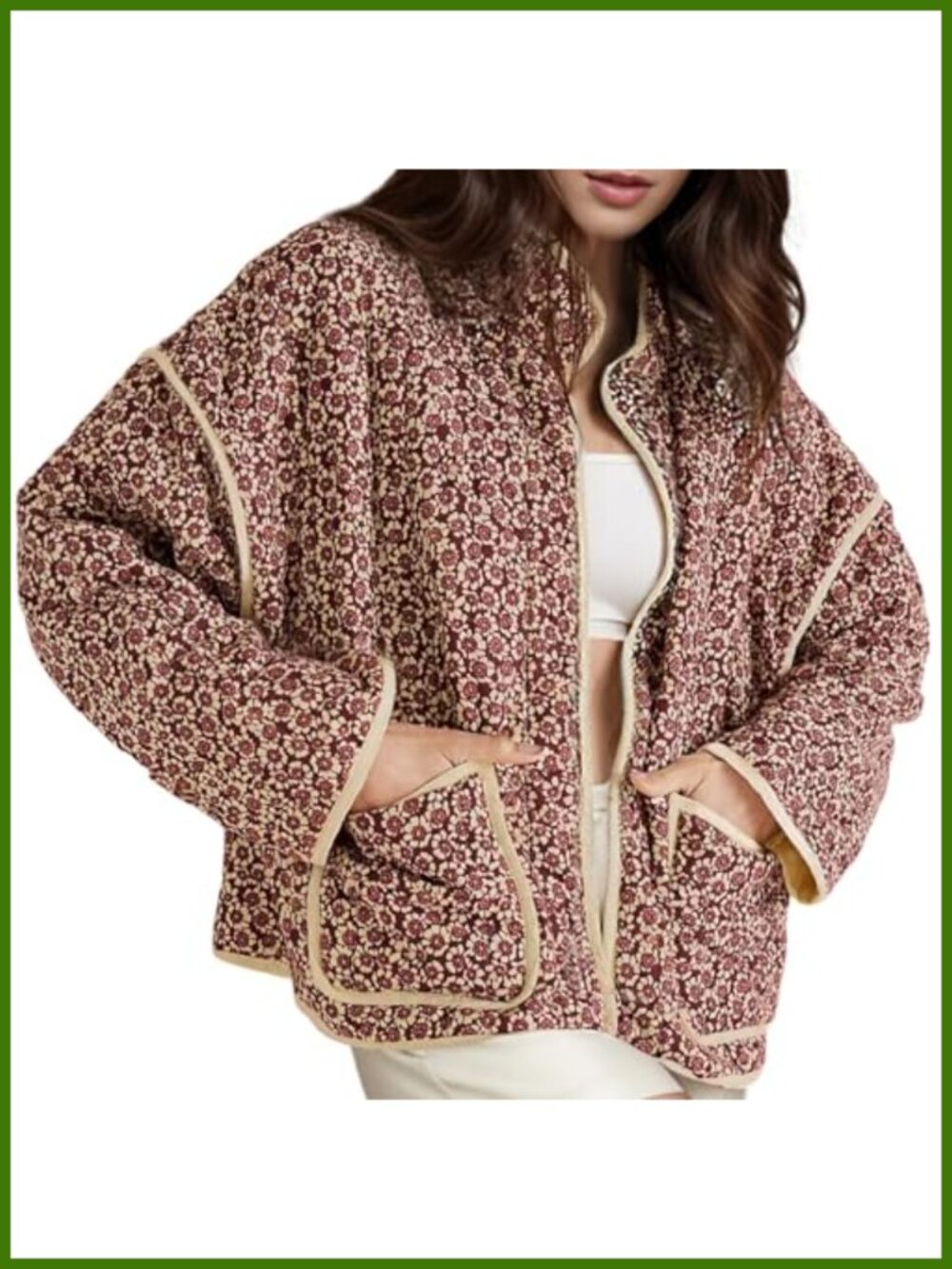 Quilted Cropped Puffer Jacket Floral Print Open Front Lightweight